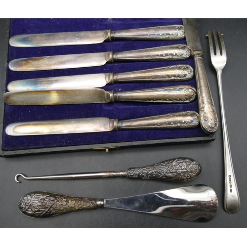 349 - A Sheffield silver pickle fork, 2 Birmingham silver handled button hook and shoe horn, 6 Sheffield s... 