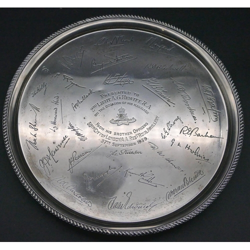 360 - An Edward VIII military silver salver with allover engraved signatures, inscription to centre 