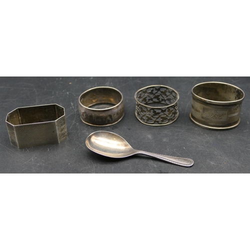 362 - A Birmingham silver engine turned napkin ring, 3 napkin rings and a Birmingham silver caddy spoon, 2... 