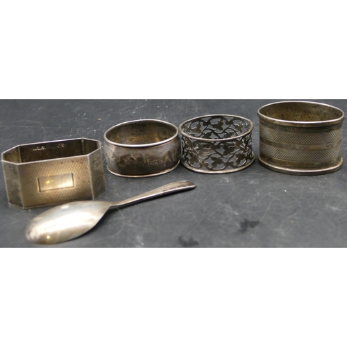 362 - A Birmingham silver engine turned napkin ring, 3 napkin rings and a Birmingham silver caddy spoon, 2... 