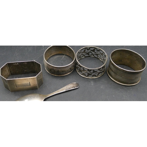 362 - A Birmingham silver engine turned napkin ring, 3 napkin rings and a Birmingham silver caddy spoon, 2... 