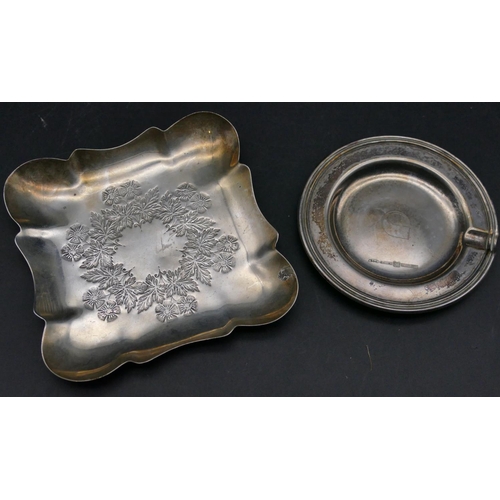 363 - A Sheffield silver square scallop shaped small dish, an 800 silver coloured metal round ashtray, 4.1... 