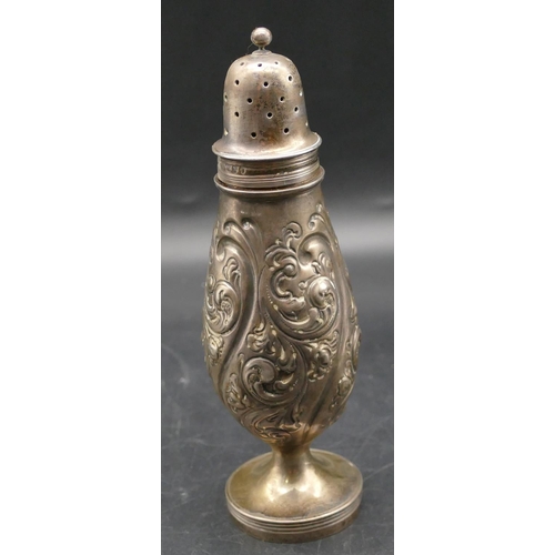 364 - A Victorian silver round bulbous shaped thin necked sugar castor on round sweeping base, London 1892... 