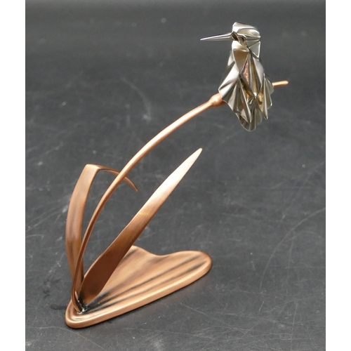 377 - A 925 Birmingham silver abstract model of a perched bird upon gilt metal reed, bird 4.5cm high, 10cm... 