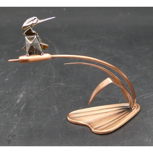 377 - A 925 Birmingham silver abstract model of a perched bird upon gilt metal reed, bird 4.5cm high, 10cm... 