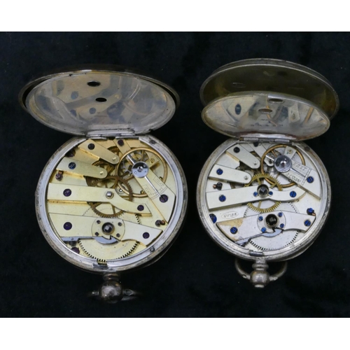 408 - A Continental silver coloured metal open faced pocket watch with white enamel dial and Roman numeral... 