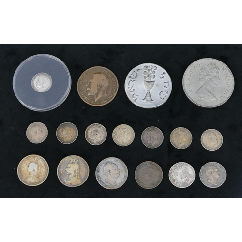 409 - 2 Victorian silver coins, 1887 and 1891, an 1834 one shilling, a 1918 silver three pence piece, a sm... 