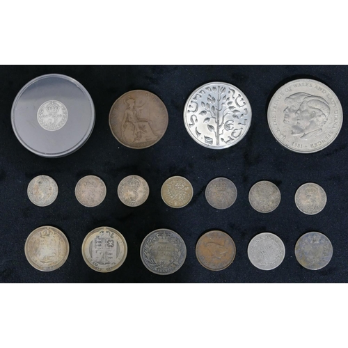 409 - 2 Victorian silver coins, 1887 and 1891, an 1834 one shilling, a 1918 silver three pence piece, a sm... 