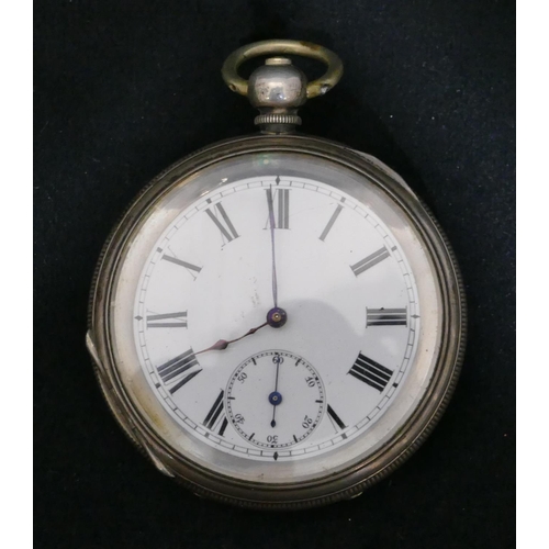 419 - A silver coloured metal open faced pocket watch with white enamel dial, seconds dial and Roman numer... 