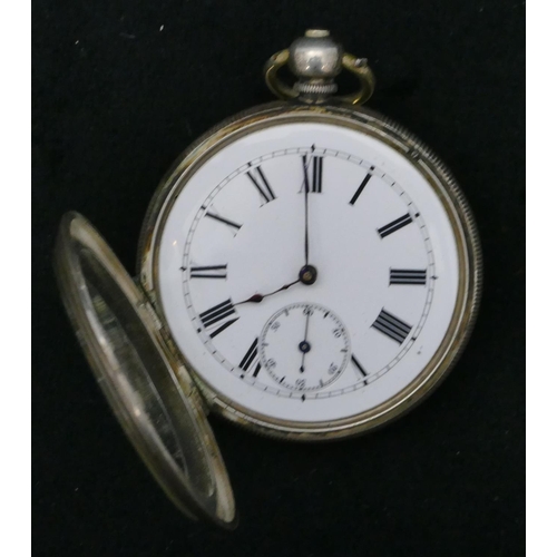 419 - A silver coloured metal open faced pocket watch with white enamel dial, seconds dial and Roman numer... 