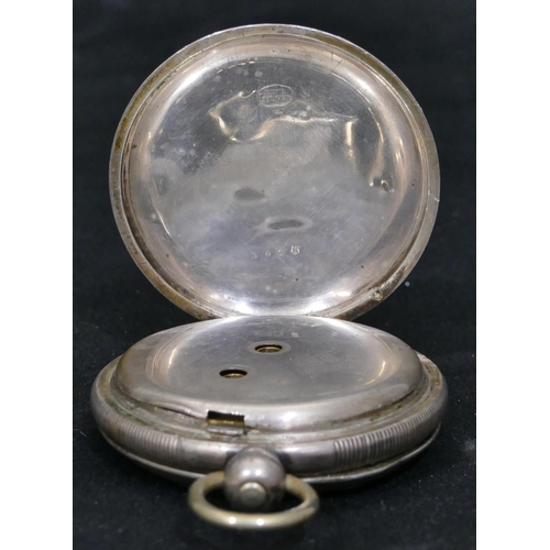 419 - A silver coloured metal open faced pocket watch with white enamel dial, seconds dial and Roman numer... 