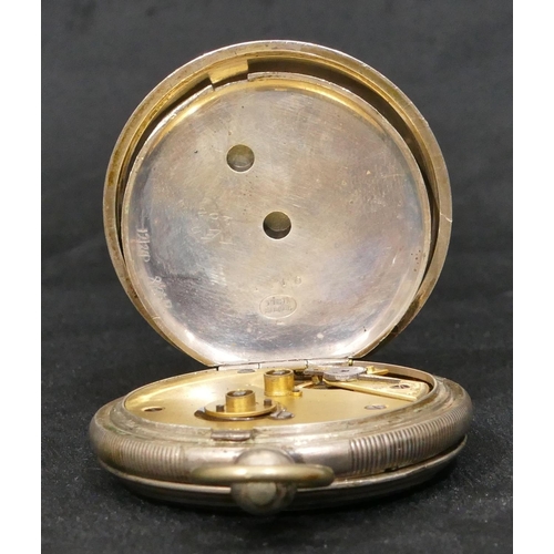 419 - A silver coloured metal open faced pocket watch with white enamel dial, seconds dial and Roman numer... 