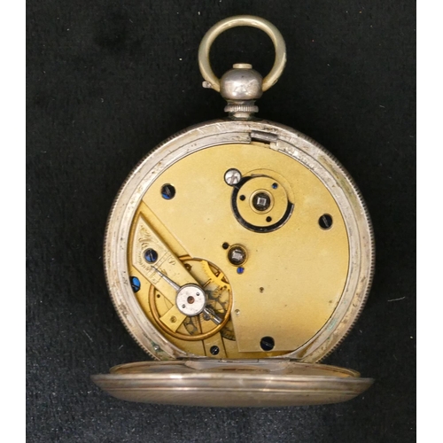 419 - A silver coloured metal open faced pocket watch with white enamel dial, seconds dial and Roman numer... 