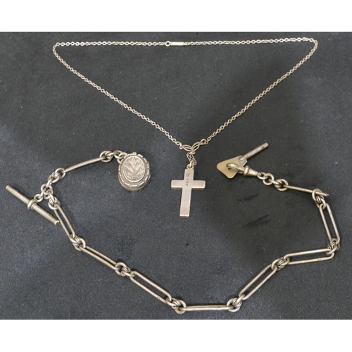 420 - A silver watch chain with T-bar and mounted with oval locket, 35cm long, a silver cross pendant with... 