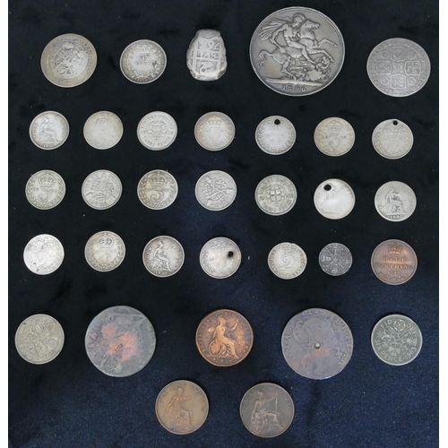 421 - George II silver shilling, 1745, a Victorian silver crown, 1896 and a quantity of various copper and... 