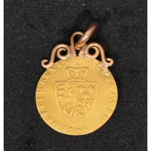 436 - A George III 18th Century gold guinea mounted with soldered pendant, 1794, 5.1 grams gross