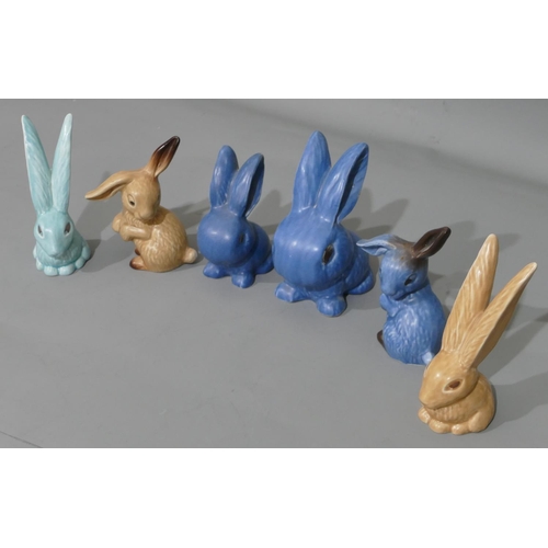 44 - 6 blue and beige Sylvac figures of rabbits, largest 15.5cm high