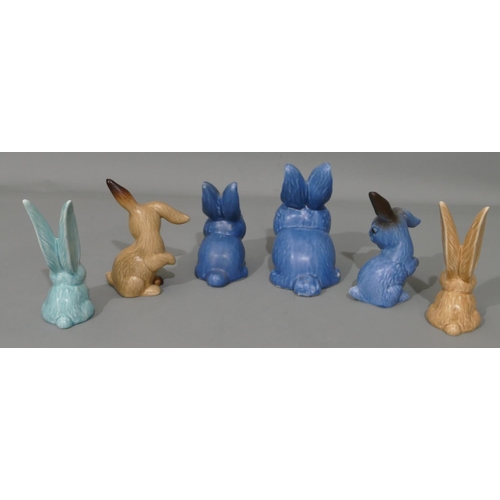 44 - 6 blue and beige Sylvac figures of rabbits, largest 15.5cm high