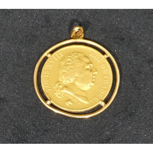 442 - A Louis XVIII gold 40 franc, 1818, soldered into circular pendant, 15.6 grams,