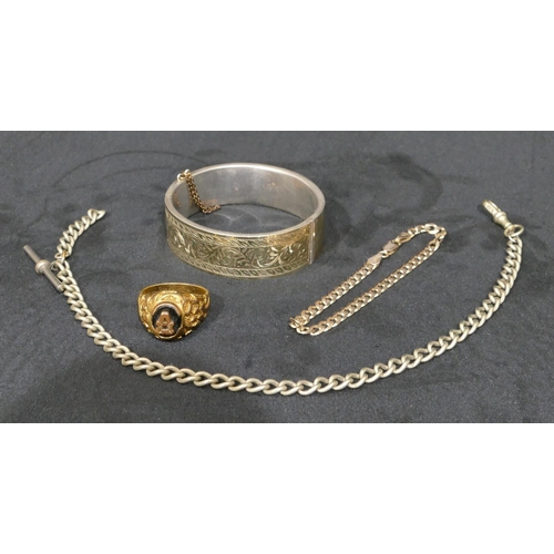 454 - A silver and gold covered hinged bangle, a small silver flat linked chain, a watch chain and a gentl... 