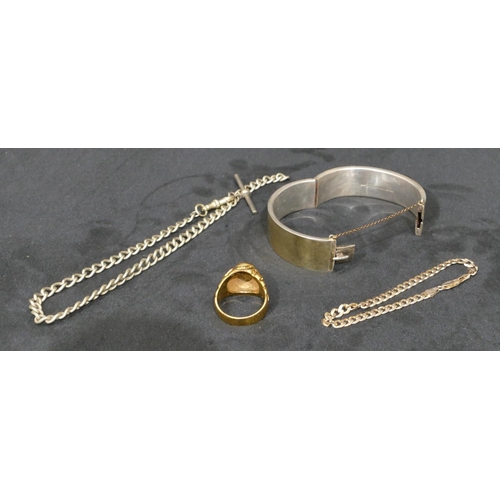 454 - A silver and gold covered hinged bangle, a small silver flat linked chain, a watch chain and a gentl... 