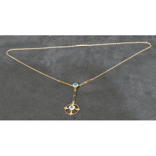 459 - A 9ct gold aquamarine style drop pendant mounted with small half pearls with chain