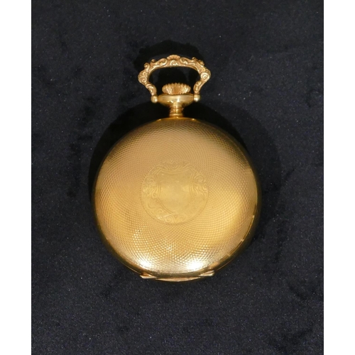 460 - A Hebdomas open faced pocket watch with red jewelled Arabic numerals, visible escapement