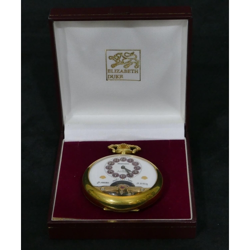 460 - A Hebdomas open faced pocket watch with red jewelled Arabic numerals, visible escapement