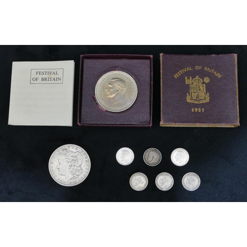 472 - A 19th Century silver one dollar, 1889, a 1951 Festival of Britain crown, boxed and 6 early 20th Cen... 