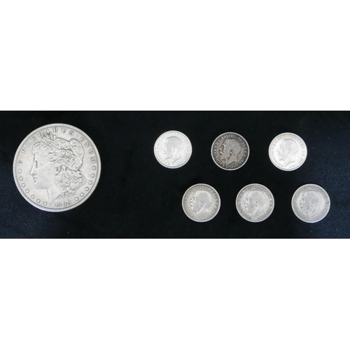 472 - A 19th Century silver one dollar, 1889, a 1951 Festival of Britain crown, boxed and 6 early 20th Cen... 