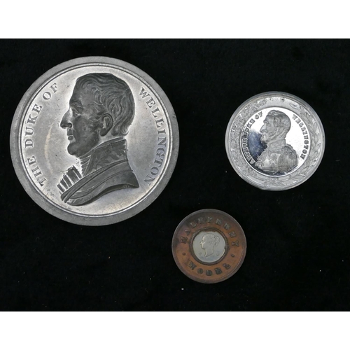 485 - A Duke of Wellington medallion, born 1769 died 1852, a similar smaller medallion and a Victorian hal... 