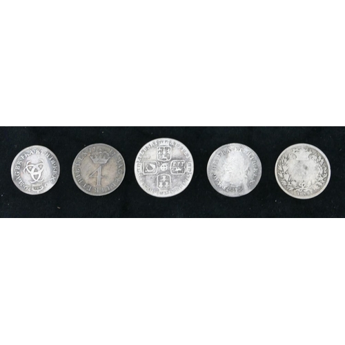 486 - A George II silver coin, 1757, 2 other Georgian silver coins and 2 other silver coins (5)