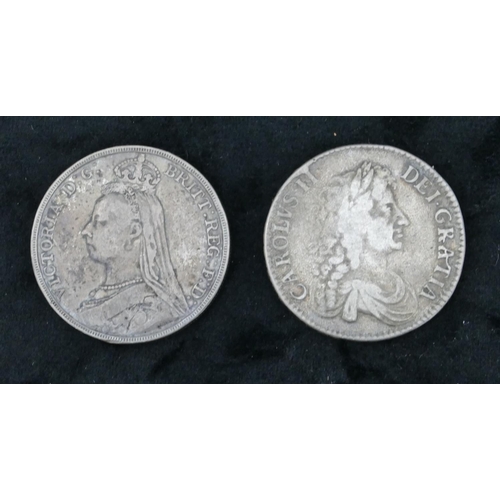 487 - A silver Carolus II silver coin, 1672, a Victorian silver crown, 1892 (2)