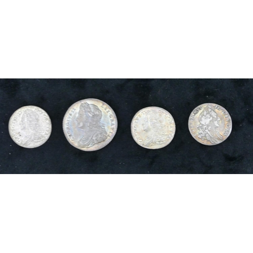 489 - 3 George II silver coins, 1727, 1758, 1757, a Continental 17th Century silver small coin, 1697 (4)