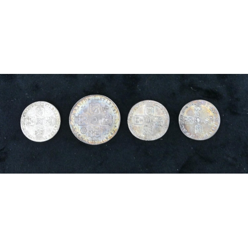 489 - 3 George II silver coins, 1727, 1758, 1757, a Continental 17th Century silver small coin, 1697 (4)