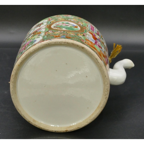 49 - A 19th Century Oriental Cantonese cylindrical teapot with cover on white and green ground with multi... 