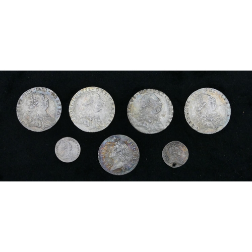 490 - 4 George III silver coins, 1787, and 3 other silver English and Continental coins, 1687, 1716 and 18... 