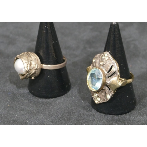 498 - A silver gilt cluster ring set with centre pale blue stone, size Q/R and another silver pearl ring. ... 