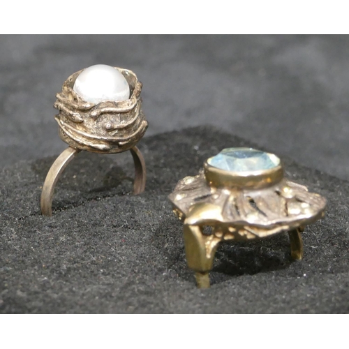 498 - A silver gilt cluster ring set with centre pale blue stone, size Q/R and another silver pearl ring. ... 