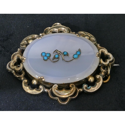 508 - A Victorian oval brooch with centre Chalcedony mounted with turquoise, with pierced scroll rim 6.2cm... 