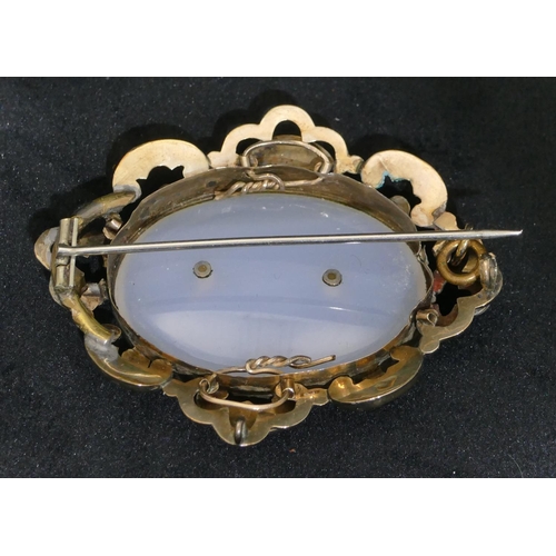 508 - A Victorian oval brooch with centre Chalcedony mounted with turquoise, with pierced scroll rim 6.2cm... 