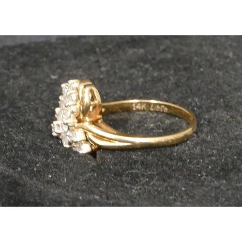 524 - A 14ct gold cluster ring set with 3 rows of 19 diamonds, size P, 4.7oz.