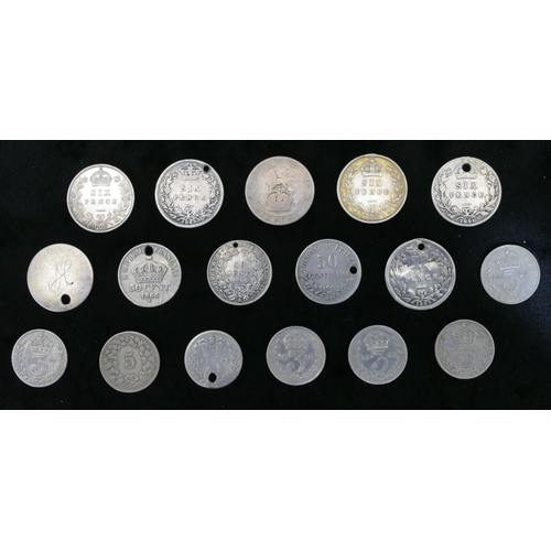 527 - 6 silver pieces of Maundy money and 11 English and Continental silver small coins including sixpence... 