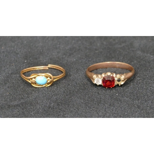 545 - A gold ladies ring set with turquoise (cut), size J and another 9ct gold ring set with centre red st... 