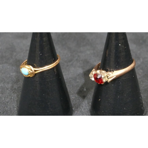 545 - A gold ladies ring set with turquoise (cut), size J and another 9ct gold ring set with centre red st... 