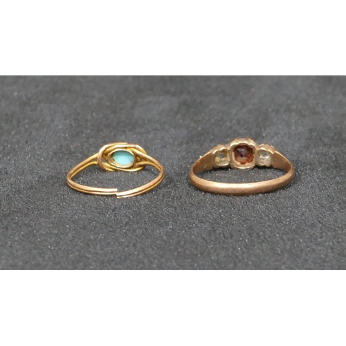 545 - A gold ladies ring set with turquoise (cut), size J and another 9ct gold ring set with centre red st... 