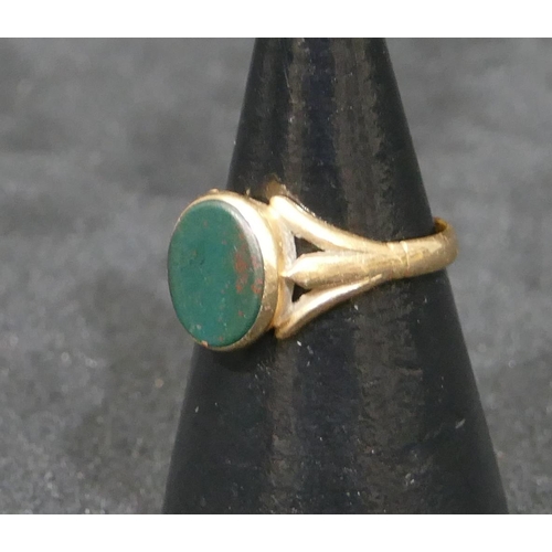 547 - A 9ct gold signet ring set with green stone, size K/L, 2.1 grams gross.