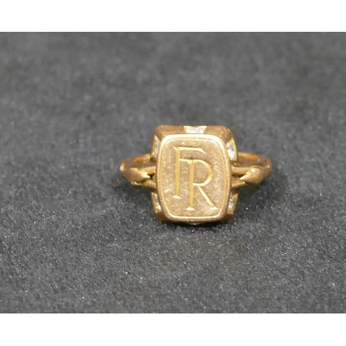 551 - A 14ct gold signet ring engraved FR, mounted with 6 diamonds to sides, size L, 4.5 grams gross.