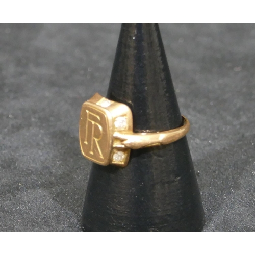 551 - A 14ct gold signet ring engraved FR, mounted with 6 diamonds to sides, size L, 4.5 grams gross.