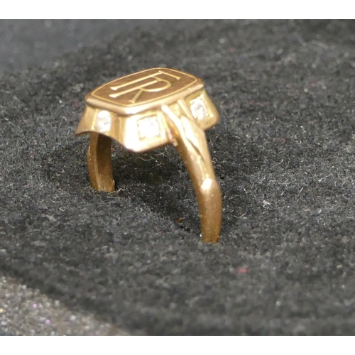 551 - A 14ct gold signet ring engraved FR, mounted with 6 diamonds to sides, size L, 4.5 grams gross.